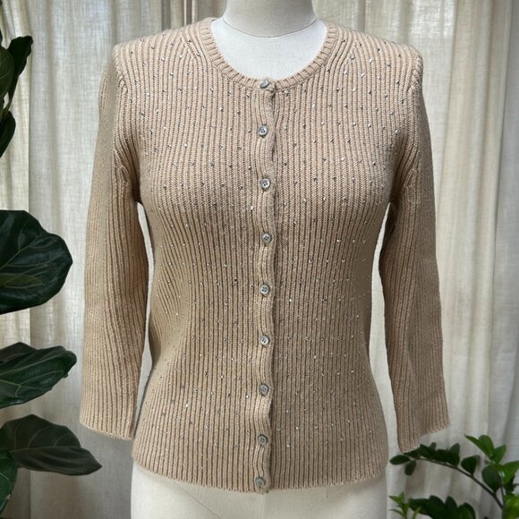Wool Cashmere Ribbed Knit Cardigan Sweater Quiet Luxury Minimalist Ann Taylor, M - Picture 1 of 15